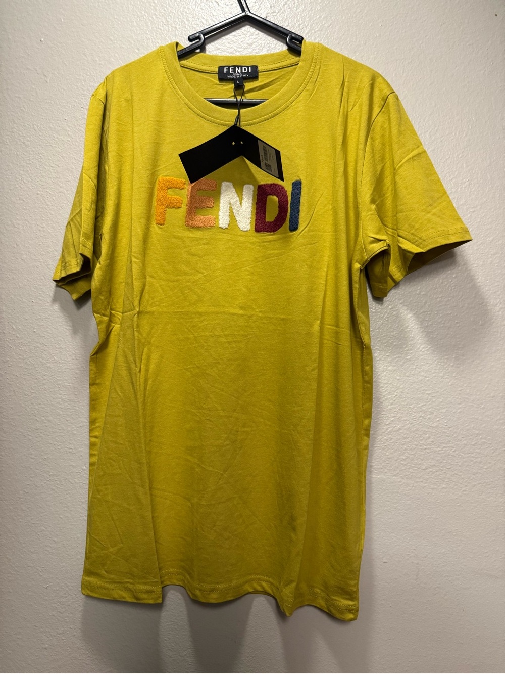 Fendi Men’s Yellow Short Sleeve T-Shirt with Multicolor Raised Logo
